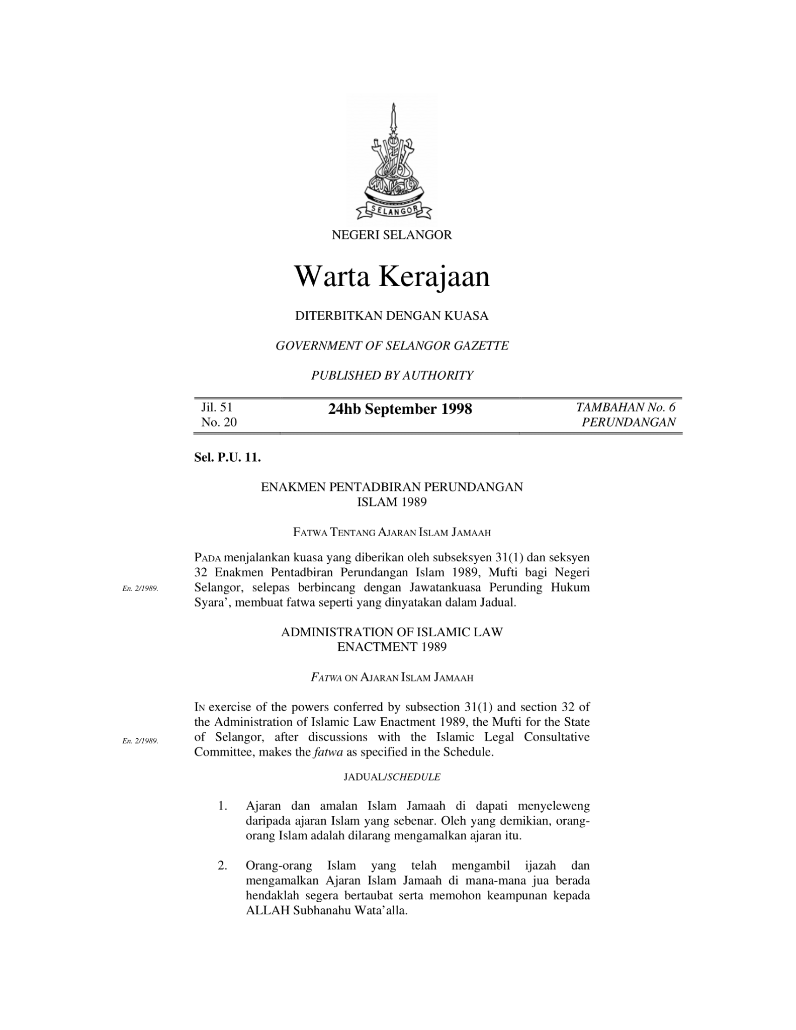 Fatwa Tentang Ajaran Islam Jamaah Jabatan Mufti Negeri Selangor